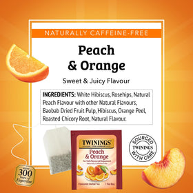 Twinings brewed cup of Peach & Orange herbal tea showcasing a bright, flavorful brew.