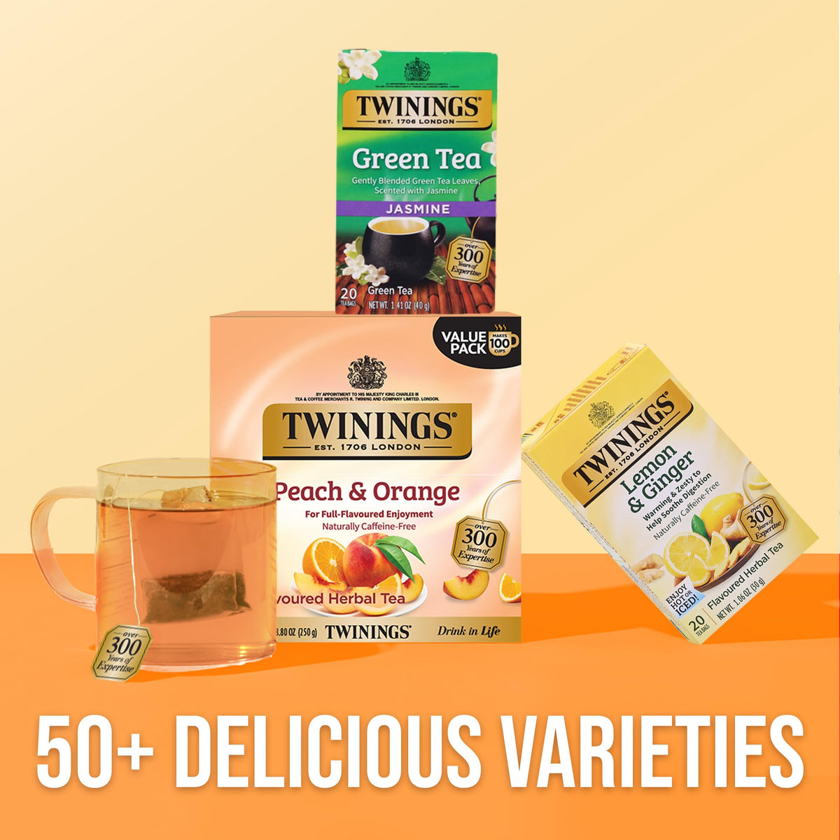 Twinings Peach & Orange herbal tea poured over ice for versatile hot or iced serving.