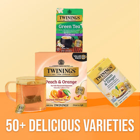 Twinings Peach & Orange herbal tea poured over ice for versatile hot or iced serving.