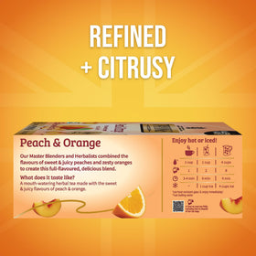 Twinings Peach & Orange packaging close-up highlighting fruity aroma and caffeine-free blend.