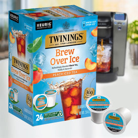 Ice-filled glass shows Twinings Peach Brew Over Ice ready to enjoy.