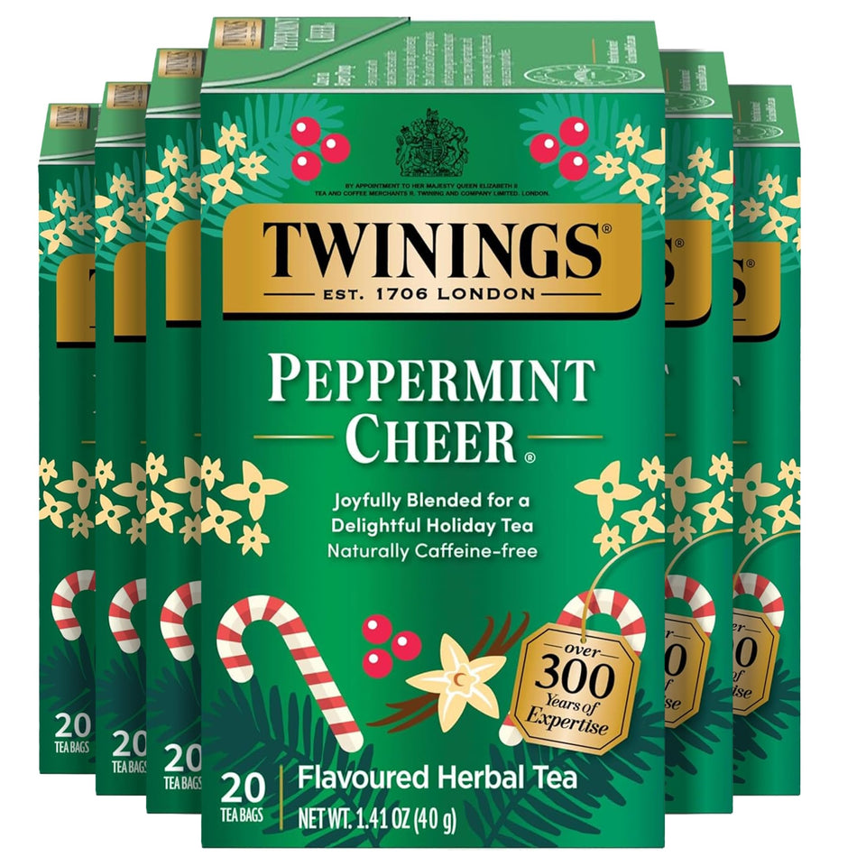 Twinings Peppermint Cheer tea bags wrapped for freshness, ideal for on-the-go convenience.