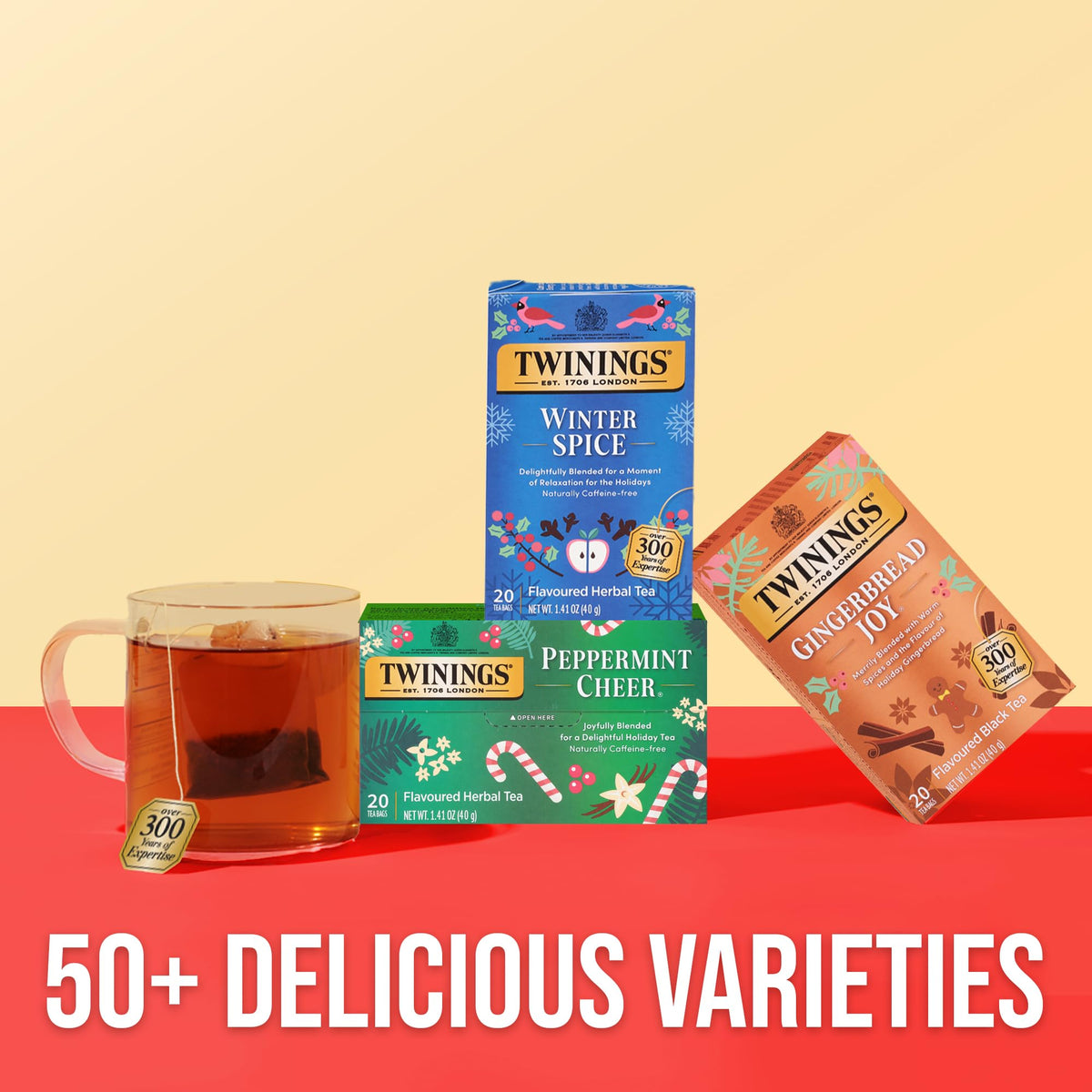 Twinings Peppermint Cheer iced tea pour, ideal for a cooling seasonal drink.