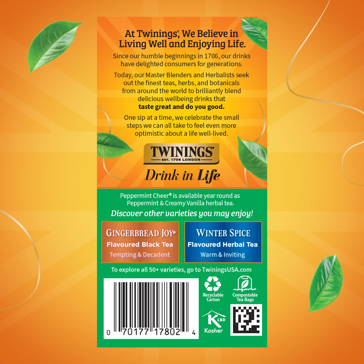 Twinings Peppermint Cheer tea steeping setup suggests hot or iced versatility.