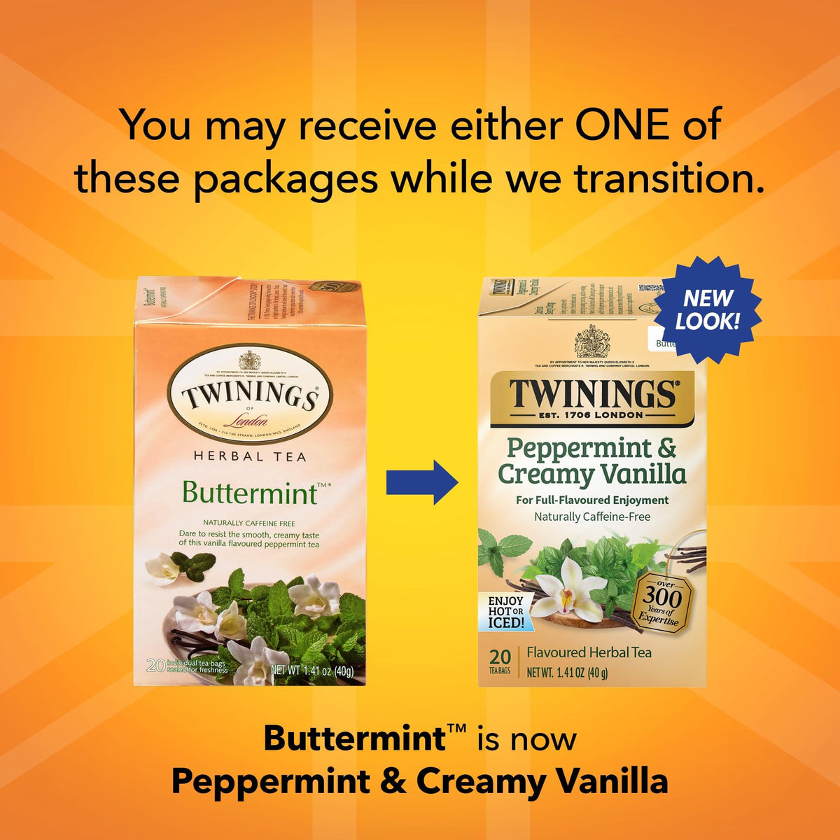 Twinings Peppermint & Creamy Vanilla packaging emphasizing freshness seal