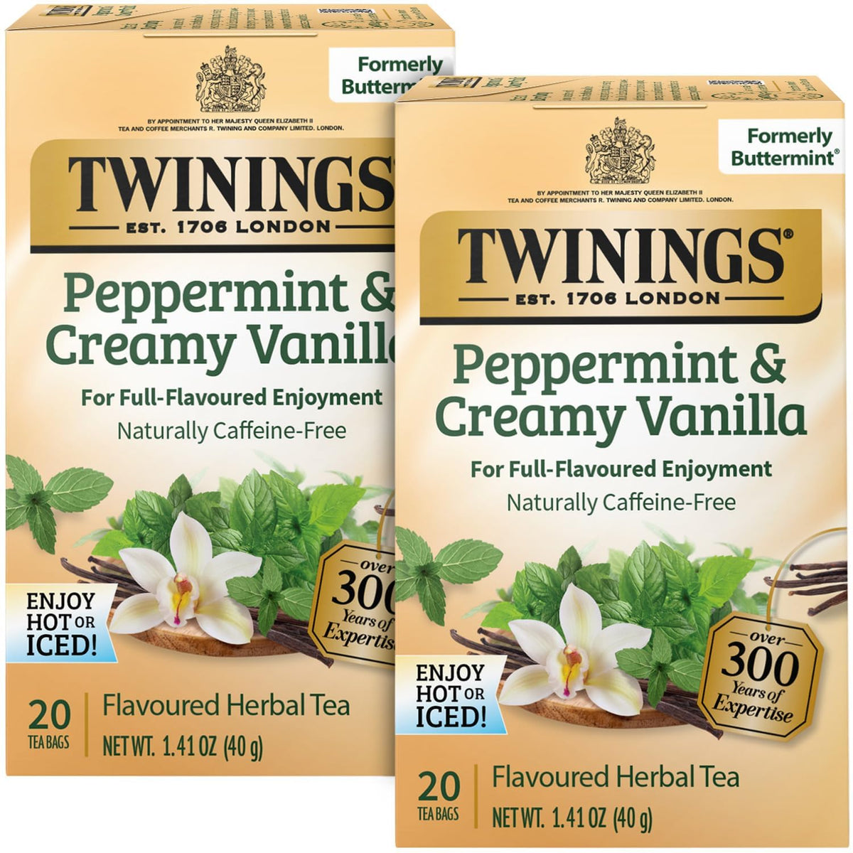 Twinings Peppermint & Creamy Vanilla tea bag close-up with mint aroma and vanilla notes