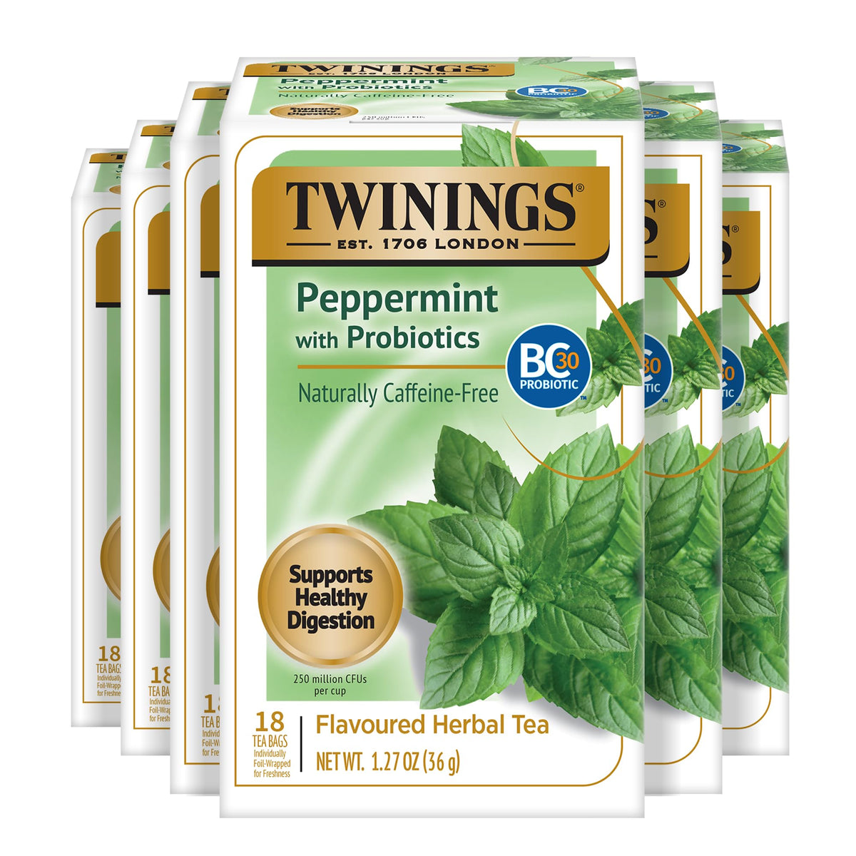 Twinings peppermint with probiotics tea bag highlighting the refreshing blend for digestive support.