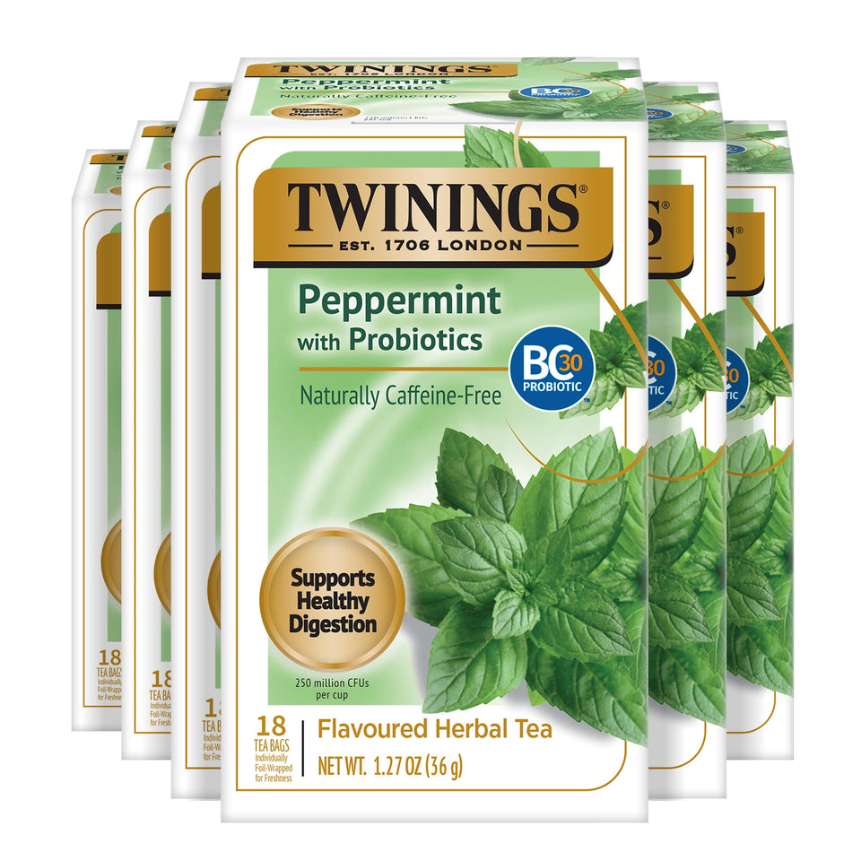 Twinings peppermint with probiotics tea bag highlighting the refreshing blend for digestive support.
