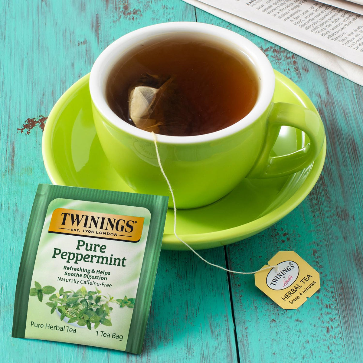 Twinings peppermint tea for iced tea, ready to chill.