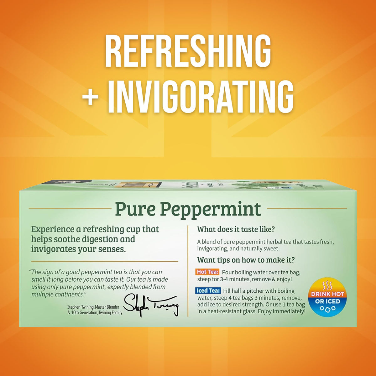 Twinings packaging close-up highlights individually wrapped tea bags for on-the-go freshness.