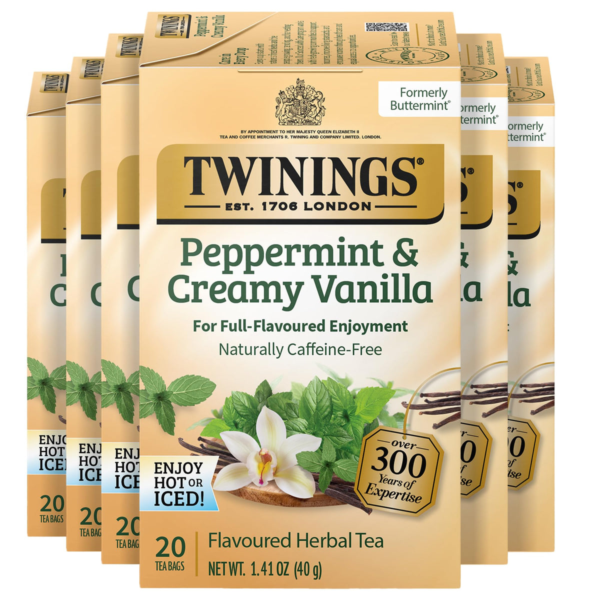 Twinings peppermint-vanilla herbal tea pack—individually wrapped for freshness on the go.