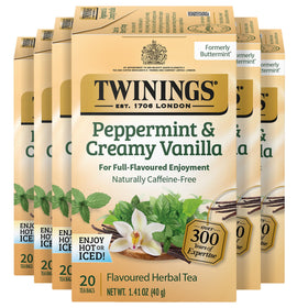 Twinings peppermint-vanilla herbal tea pack—individually wrapped for freshness on the go.