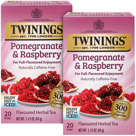 Twinings pomegranate and raspberry herbal tea bags offer a refreshing caffeine-free moment.