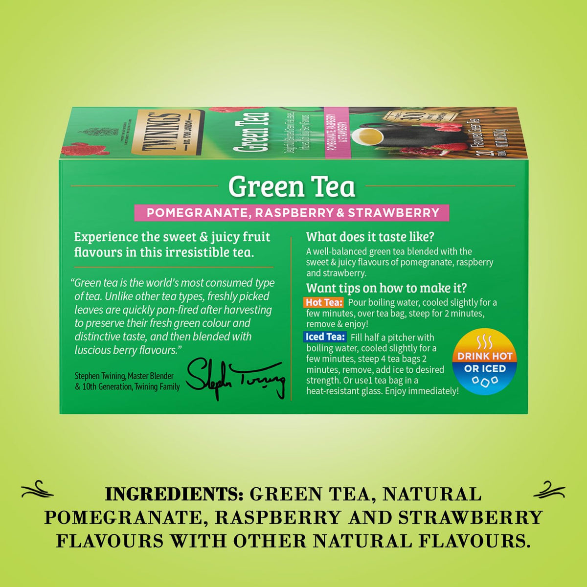 Twinings green tea with fruity notes provides a fragrant cup