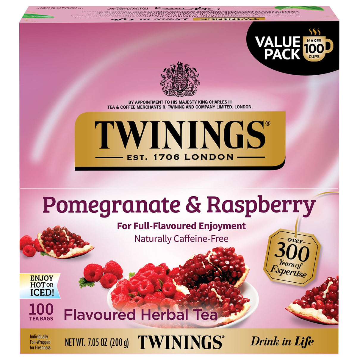Twinings Pomegranate & Raspberry tea bags offer naturally caffeine-free flavor on the go.