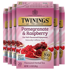 Twinings Pomegranate & Raspberry tea box showing the fruity blend's inviting aroma.