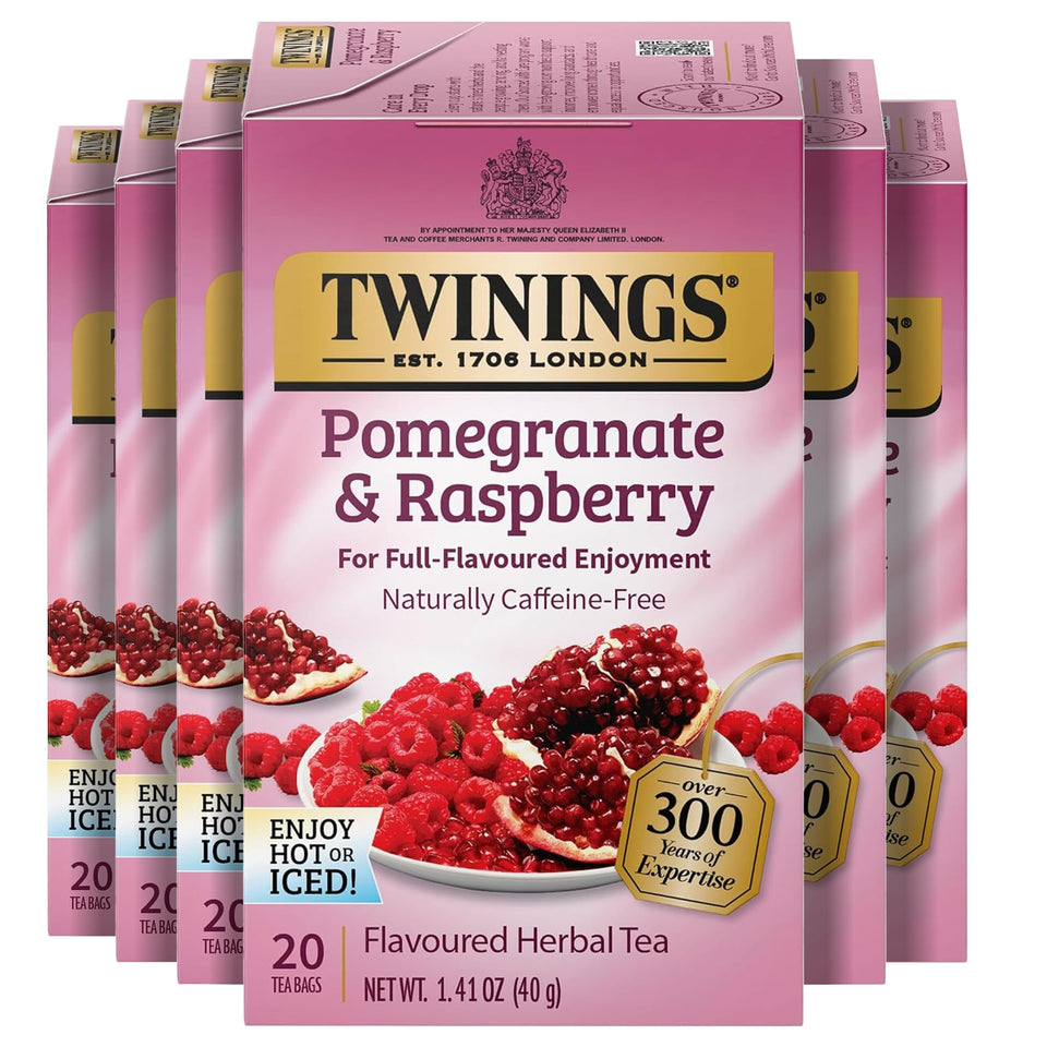 Twinings Pomegranate & Raspberry tea box showing the fruity blend's inviting aroma.