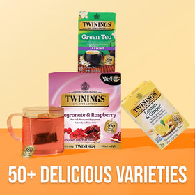 Twinings Pomegranate & Raspberry tea leaves close-up highlights blend.