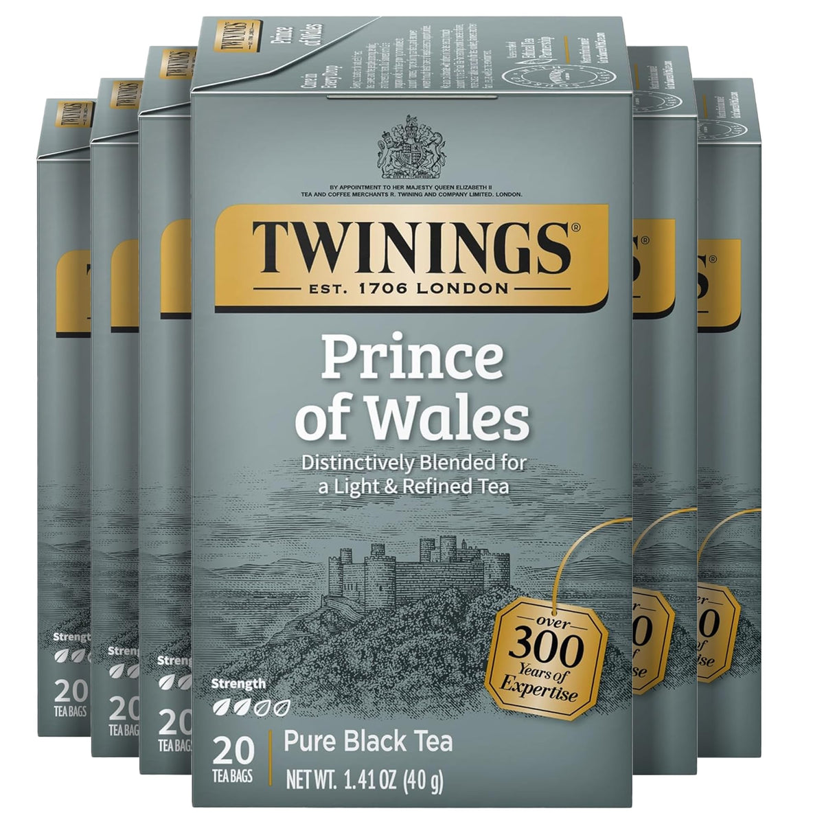 Twinings Prince of Wales black tea box with individual bags for fresh flavor.