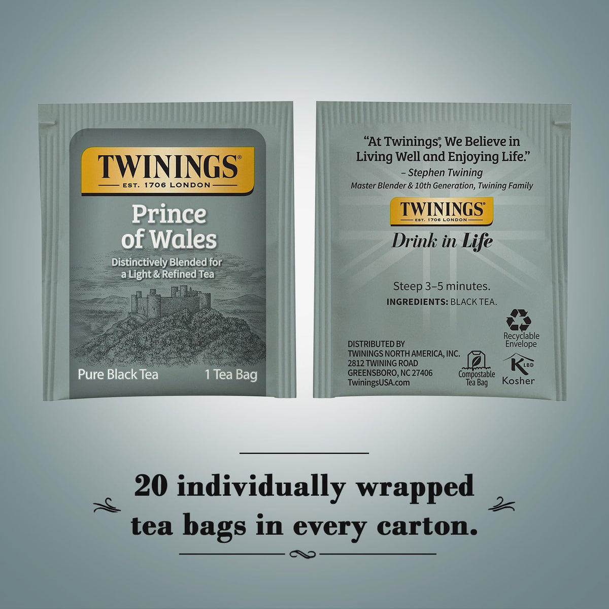 Twinings Prince of Wales box packaging shows premium black tea in convenient bags
