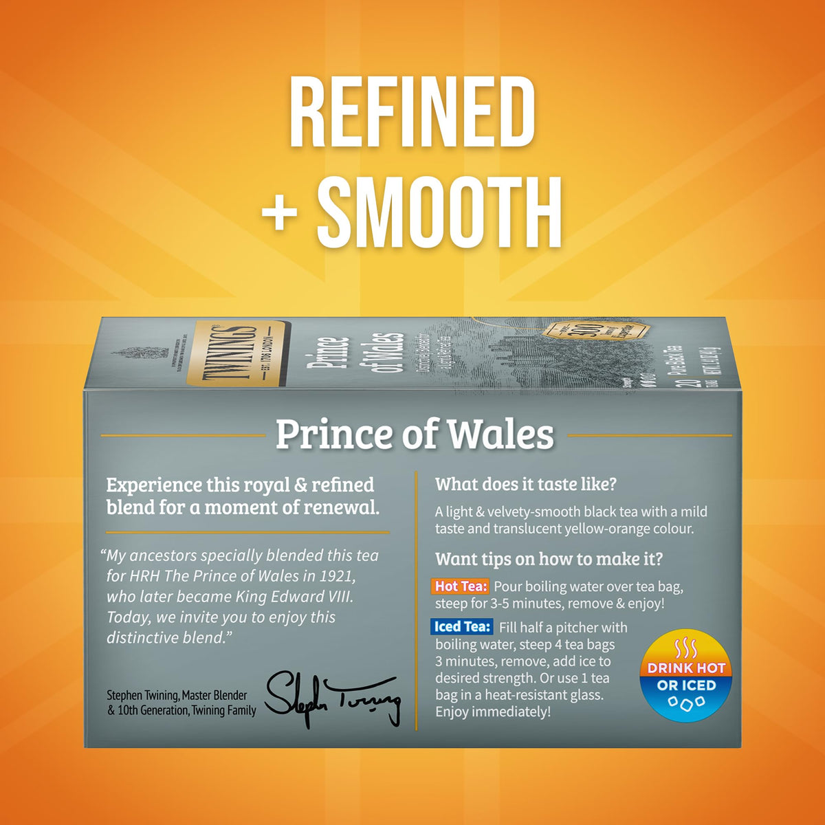 Closeup of Twinings Prince of Wales tea bags highlighting aroma for a smoother brew.
