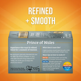 Closeup of Twinings Prince of Wales tea bags highlighting aroma for a smoother brew.