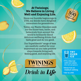 Hot cup of Twinings Probiotics+ Lemon & Ginger tea with citrus-ginger aroma.