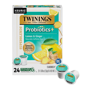 Twinings Probiotics+ Lemon & Ginger tea pods packaging for quick single-serve brewing.