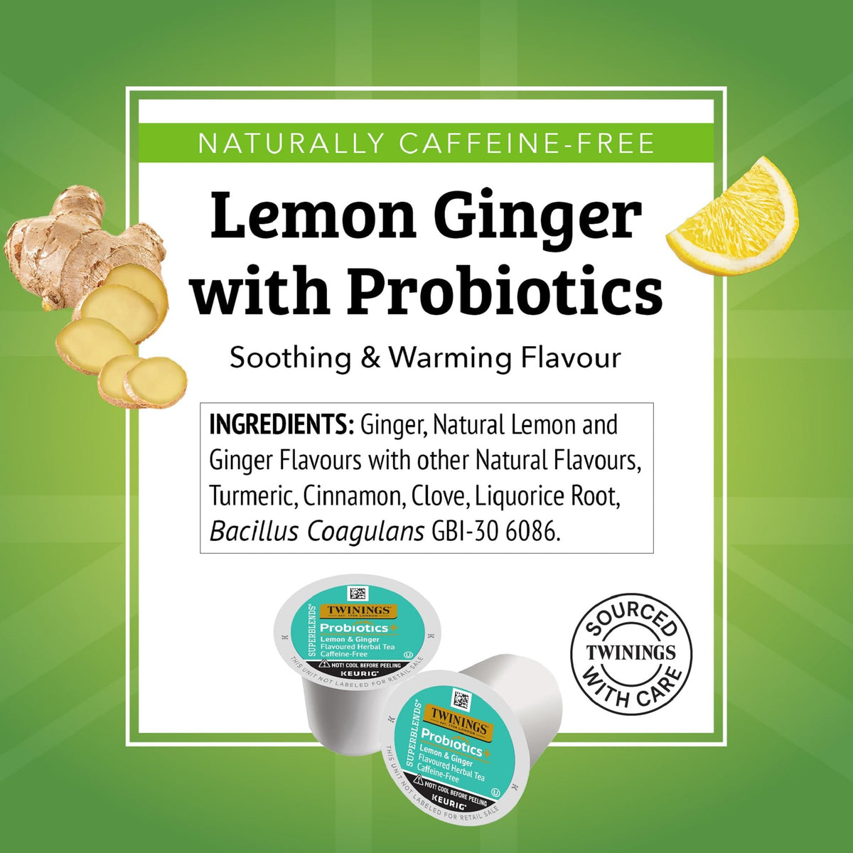 Close-up of Twinings Probiotics+ Lemon & Ginger tea pod highlighting probiotic blend.