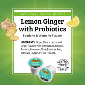 Close-up of Twinings Probiotics+ Lemon & Ginger tea pod highlighting probiotic blend.