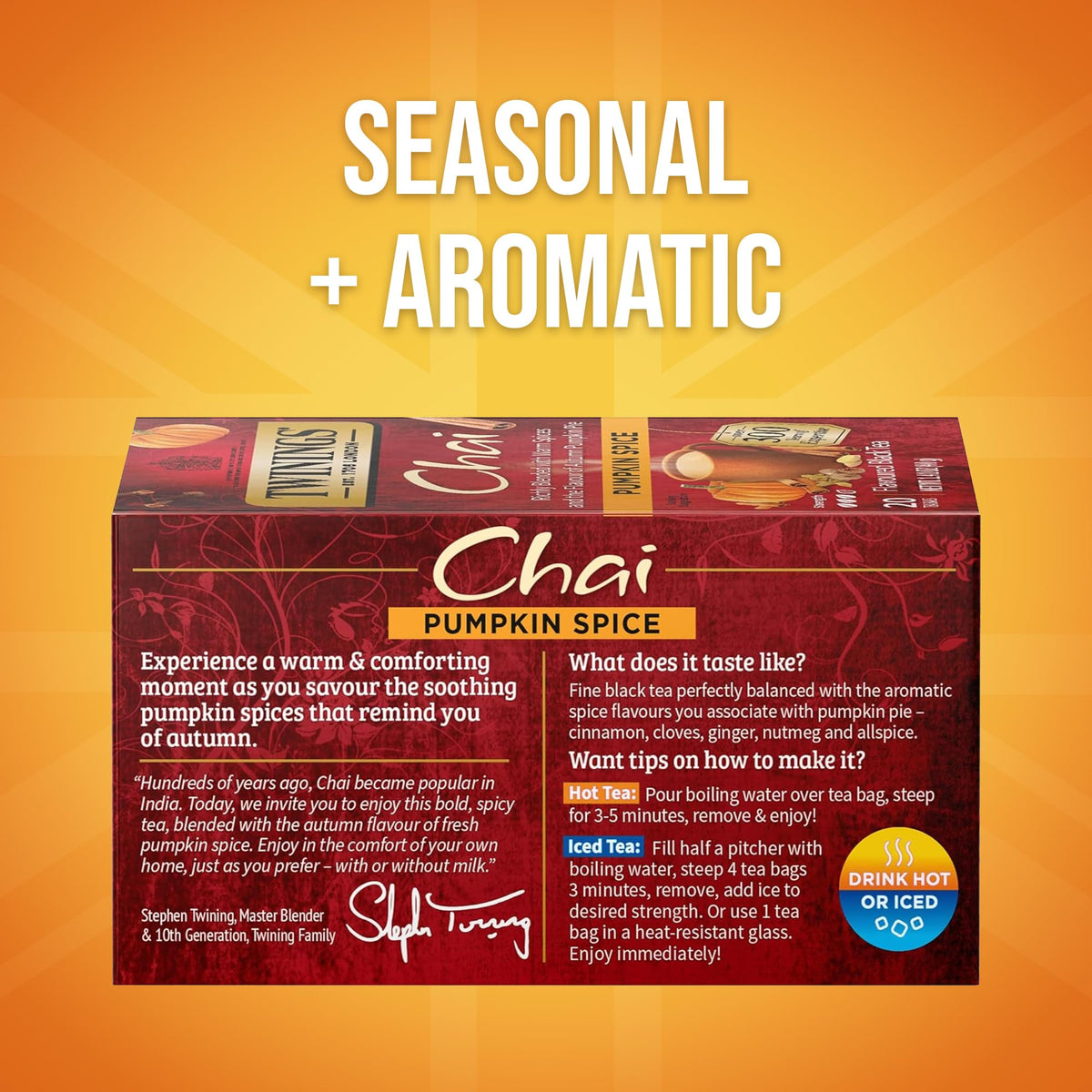 Twinings Pumpkin Spice Chai cup with steam, inviting warmth on chilly days.