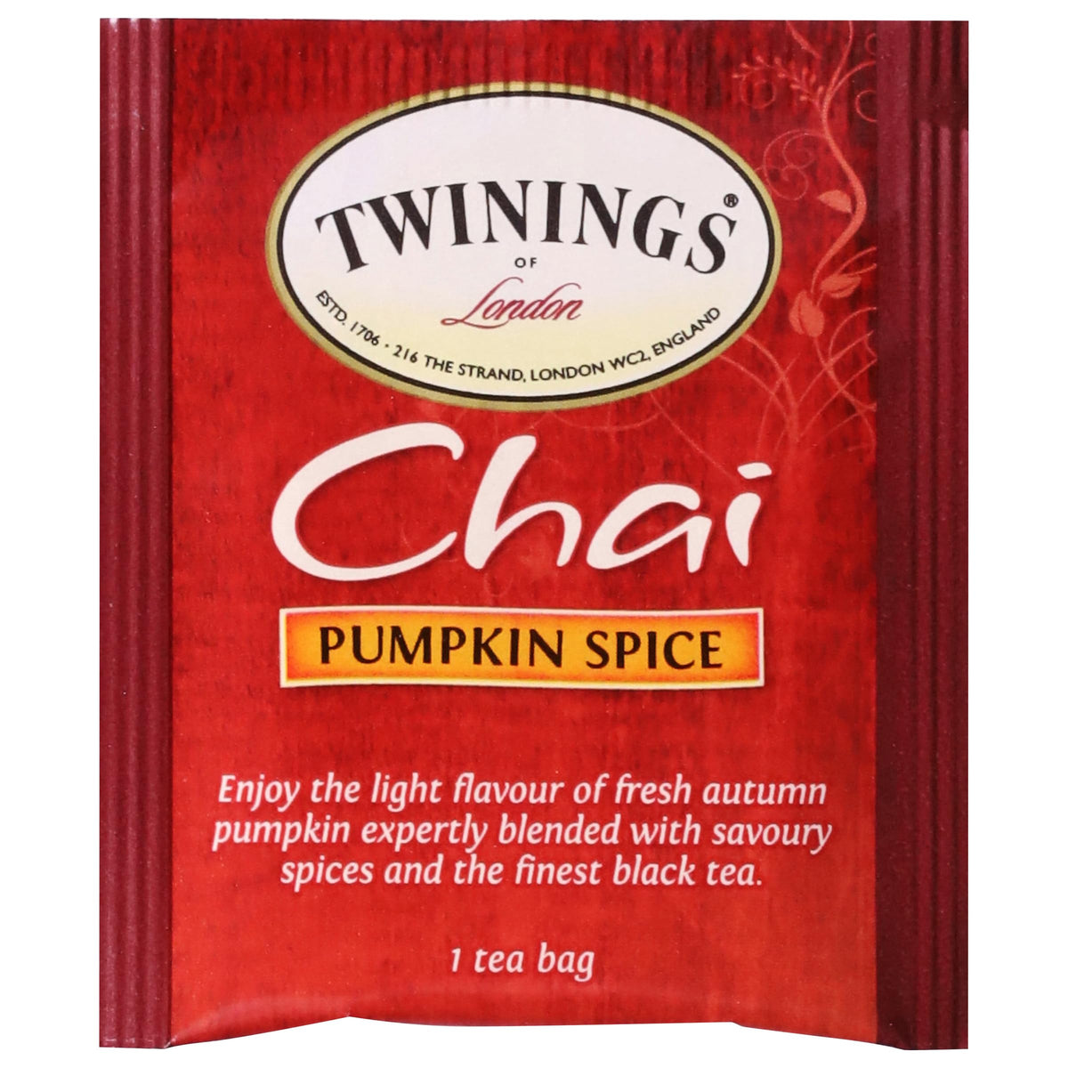Twinings Pumpkin Spice Chai individually wrapped tea bags arranged in a box.