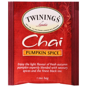 Twinings Pumpkin Spice Chai individually wrapped tea bags arranged in a box.
