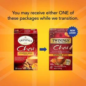 Twinings Pumpkin Spice Chai packaging showcases autumn flavors.