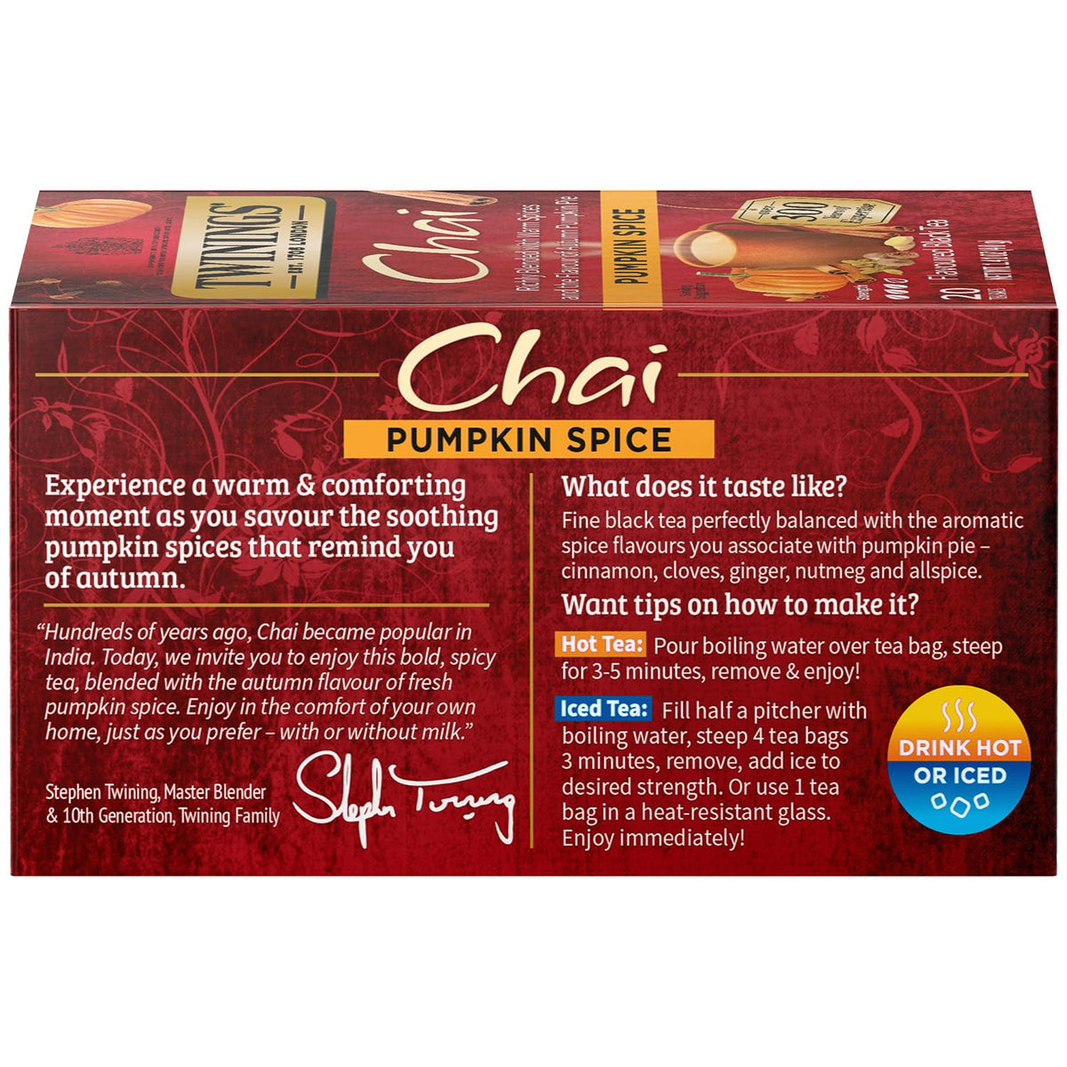 Close-up of Twinings Pumpkin Spice Chai tea bag releasing spice aroma.