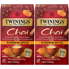 Twinings Pumpkin Spice Chai tea bags ready for a cozy autumn brew.