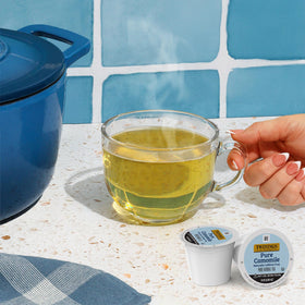 Twinings Pure Camomile K-Cup brew in a cup with soothing aroma