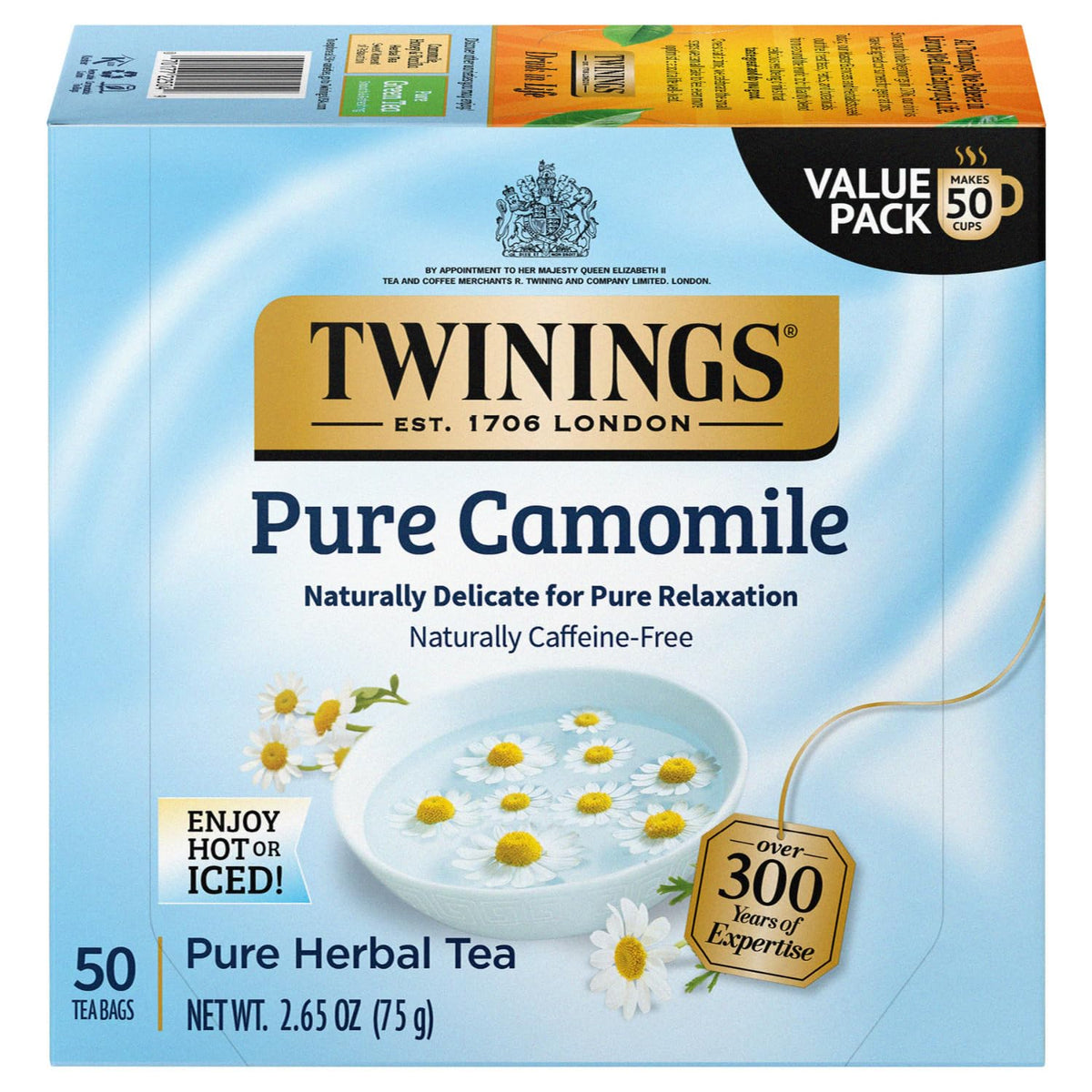 Twinings Pure Camomile tea bag closeup showing caffeine-free calm in a cup.