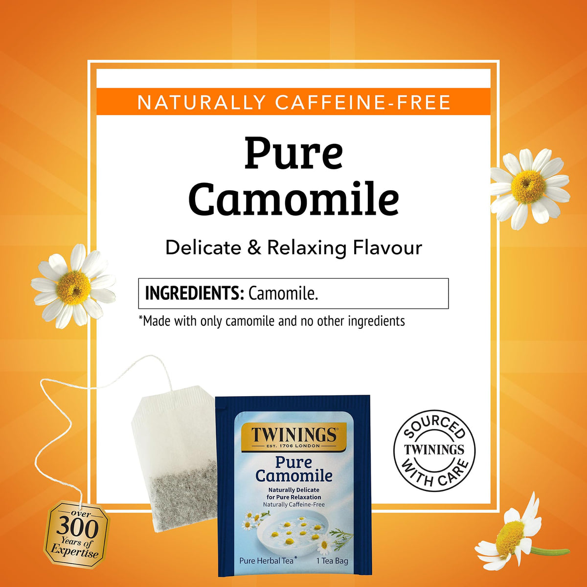 Twinings Pure Camomile tea bags inside a sealed package preserving freshness