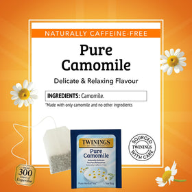 Twinings Pure Camomile tea bags inside a sealed package preserving freshness