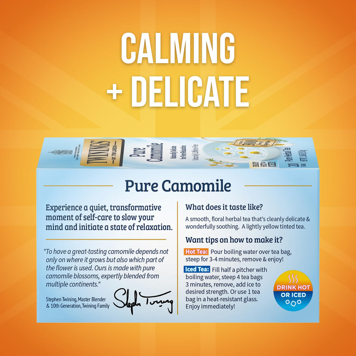 Twinings Pure Camomile Tea bags, individually sealed for fresh cups on the go.