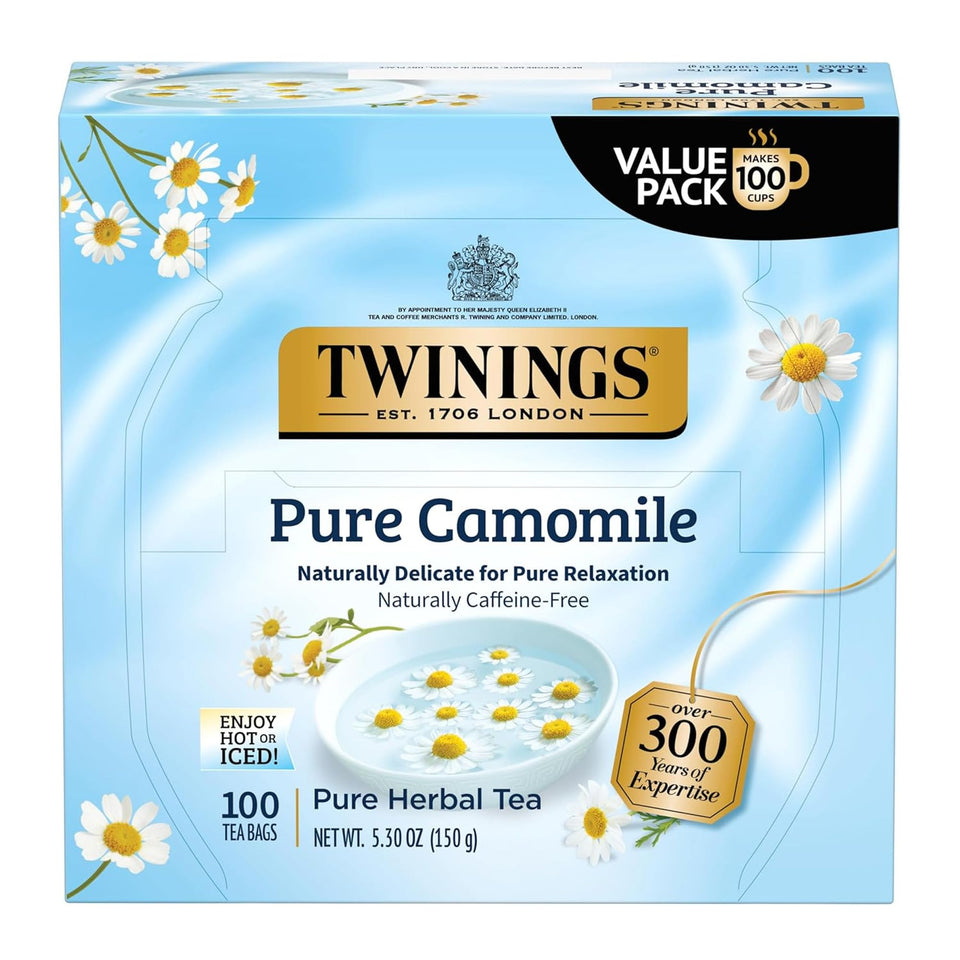 Twinings Pure Camomile Tea box on a kitchen counter inviting a calming moment