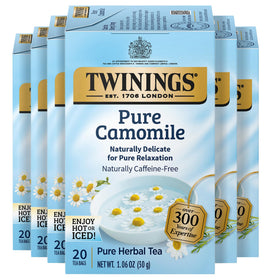 Twinings Pure Camomile Tea box showing a calming herbal blend and six-pack convenience.