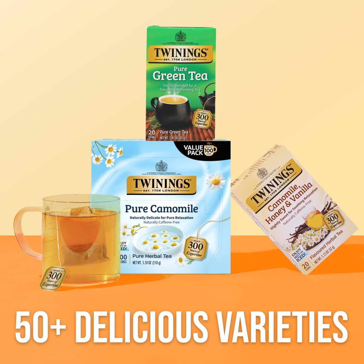 Twinings Pure Camomile tea in a mug with steam, ready to sip