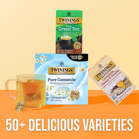 Twinings Pure Camomile tea in a mug with steam, ready to sip