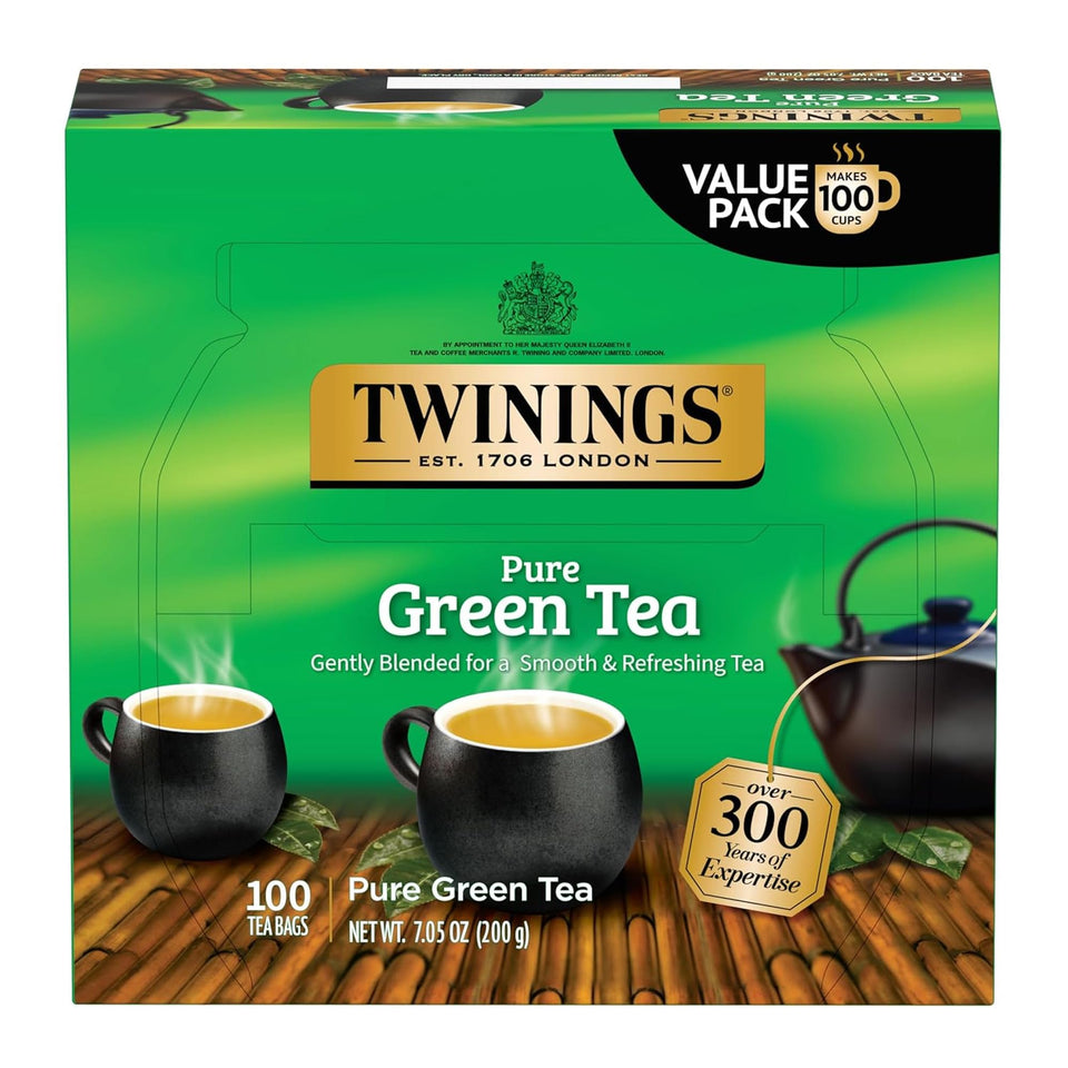 Twinings Pure Green Tea bags in a box, convenient for daily refreshment.