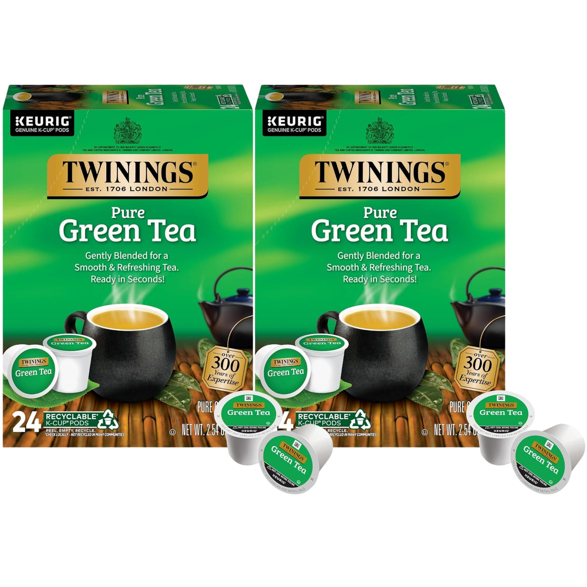 Twinings Pure Green Tea K-Cup pods offer a smooth flavor and inviting aroma.