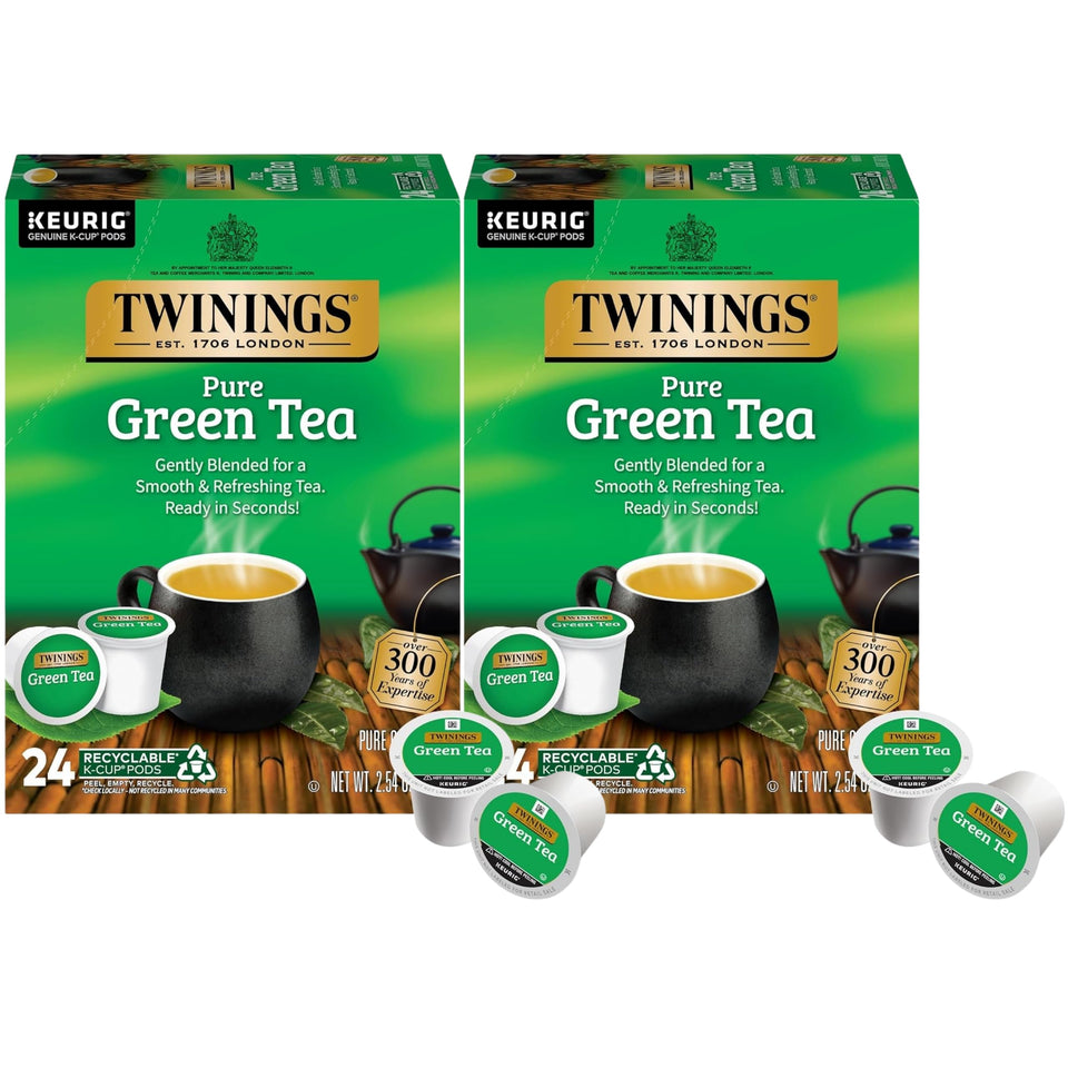 Twinings Pure Green Tea K-Cup pods offer a smooth flavor and inviting aroma.