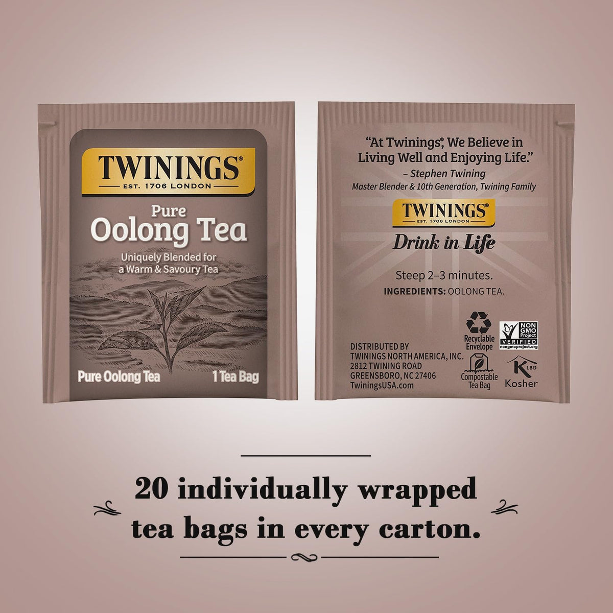 Twinings Pure Oolong Tea 2-Pack tea bags ready for a warm, toasted cup.