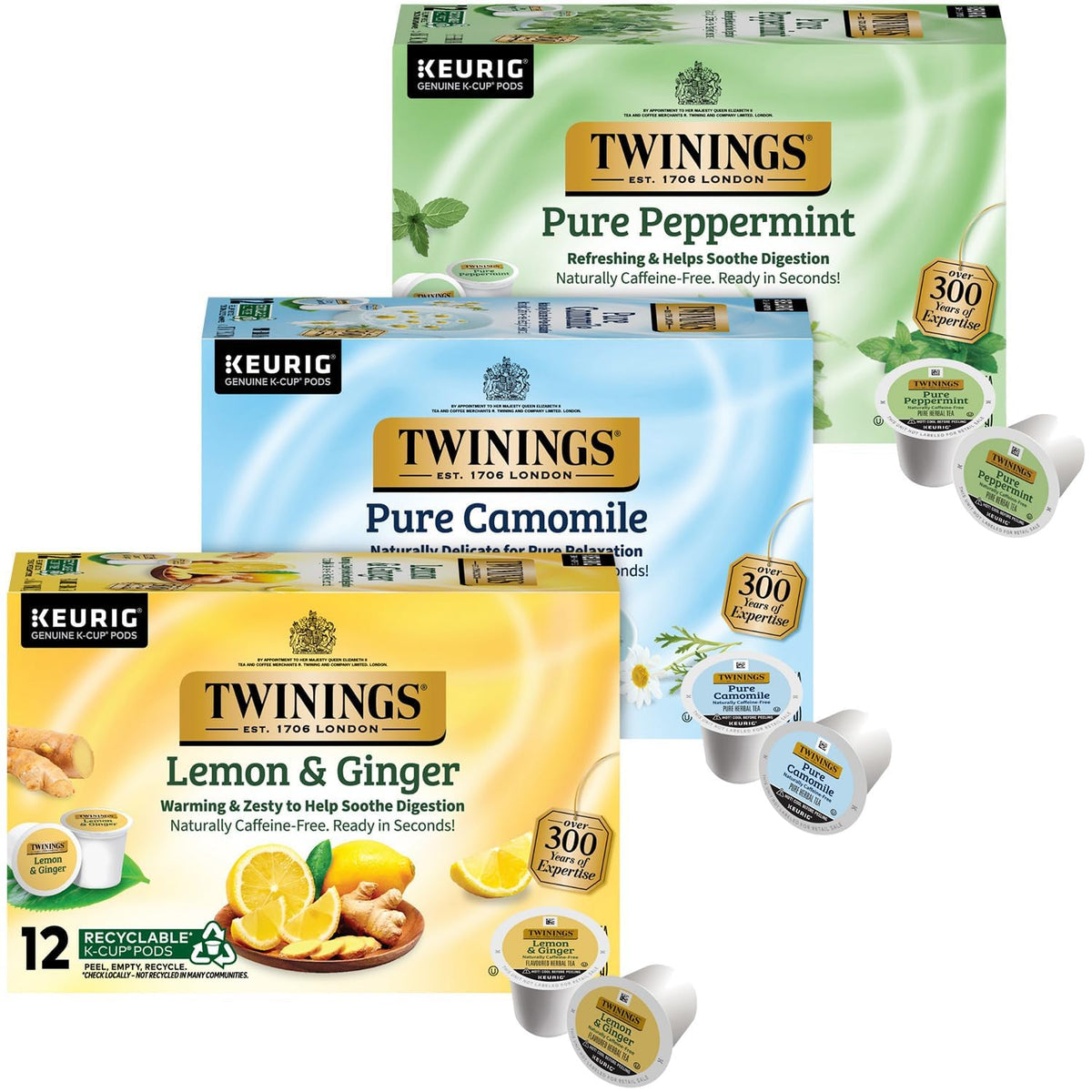 Twinings Pure Peppermint K-Cup box showing refreshing, caffeine-free flavor.